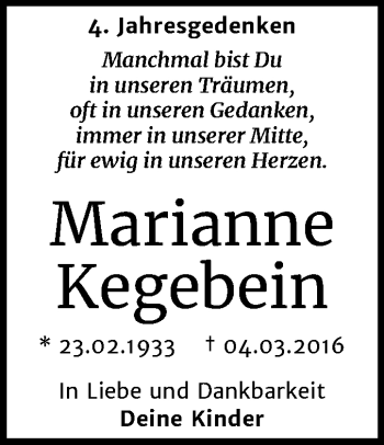 Traueranzeige von Marianne Kegebein von Mitteldeutsche Zeitung Dessau-Roßlau