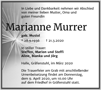 Traueranzeige von Marianne Murrer von Mitteldeutsche Zeitung Halle/Saalkreis