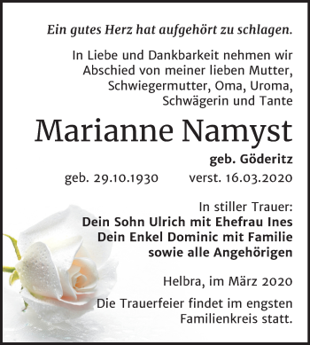 Traueranzeige von Marianne Namyst von Super Sonntag Mansfelder Land