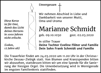 Traueranzeige von Marianne Schmidt von Super Sonntag Dessau-Roßlau