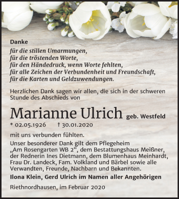 Traueranzeige von Marianne Ulrich von Mitteldeutsche Zeitung Sangerhausen