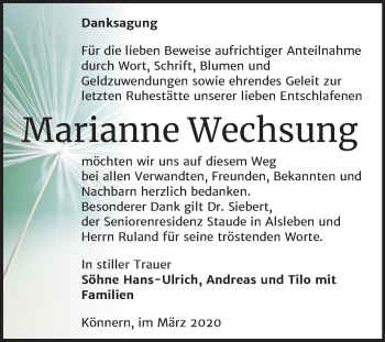 Traueranzeige von Marianne Wechsung von Mitteldeutsche Zeitung Bernburg