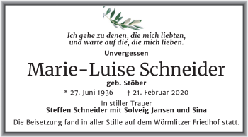 Traueranzeige von Marie-Luise Schneider von Mitteldeutsche Zeitung Halle/Saalkreis