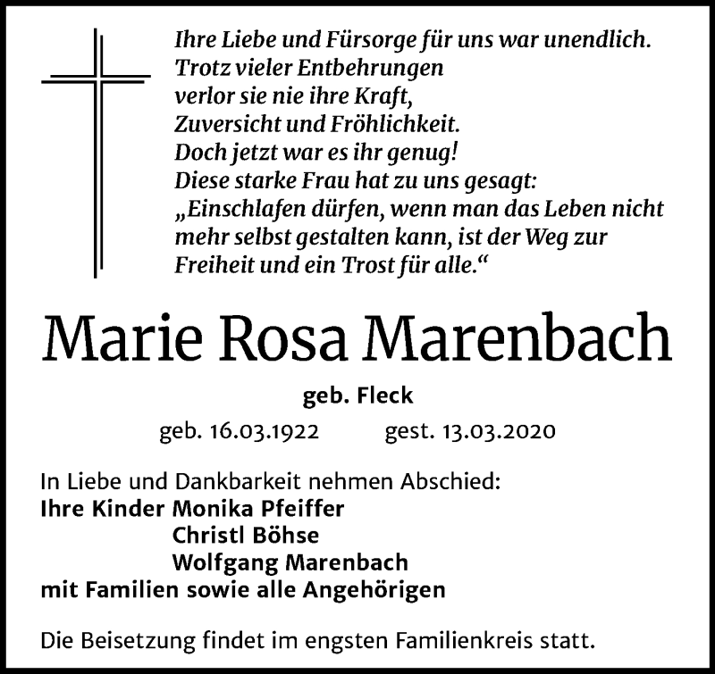  Traueranzeige für Marie Rosa Marenbach vom 21.03.2020 aus Mitteldeutsche Zeitung Halle/Saalkreis