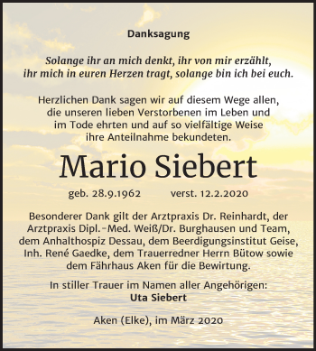 Traueranzeige von Mario Siebert von Mitteldeutsche Zeitung Köthen