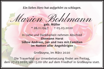 Traueranzeige von Marion Bohlmann von Wochenspiegel Merseburg/Querfurt