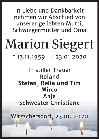Traueranzeige von Marion Siegert von Mitteldeutsche Zeitung Merseburg/Querfurt