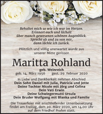 Traueranzeige von Maritta Rohland von Mitteldeutsche Zeitung Zeitz