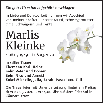 Traueranzeige von Marlis Kleinke von Mitteldeutsche Zeitung Bernburg