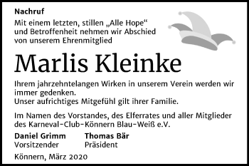 Traueranzeige von Marlis Kleinke von Super Sonntag Bernburg
