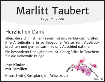 Traueranzeige von Marlitt Taubert von Mitteldeutsche Zeitung Weißenfels