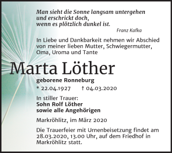 Traueranzeige von Marta Löther von Mitteldeutsche Zeitung Weißenfels