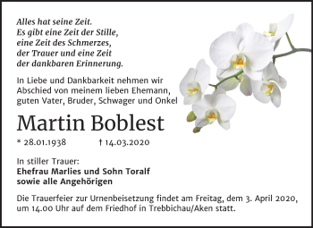 Traueranzeige von Martin Boblest von Super Sonntag Köthen
