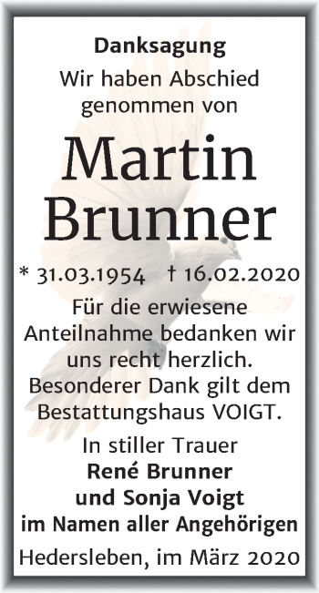 Traueranzeige von Martin Brunner von Super Sonntag Mansfelder Land