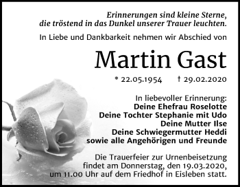 Traueranzeige von Martin Gast von Mitteldeutsche Zeitung Mansfelder Land
