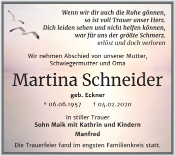 Traueranzeige von Martina Schneider von Mitteldeutsche Zeitung Merseburg/Querfurt