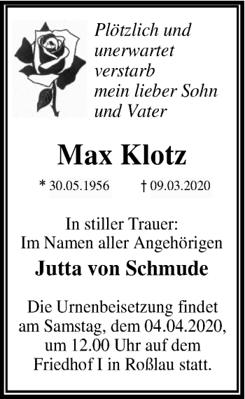 Traueranzeige von Max Klotz von Mitteldeutsche Zeitung Dessau-Roßlau