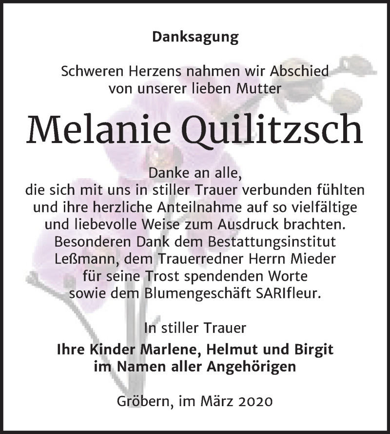  Traueranzeige für Melanie Quilitzsch vom 21.03.2020 aus Mitteldeutsche Zeitung Bitterfeld