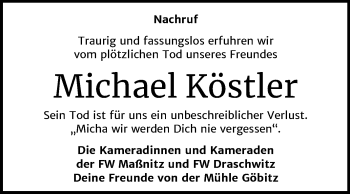 Traueranzeige von Michael Köstler von Super Sonntag Zeitz