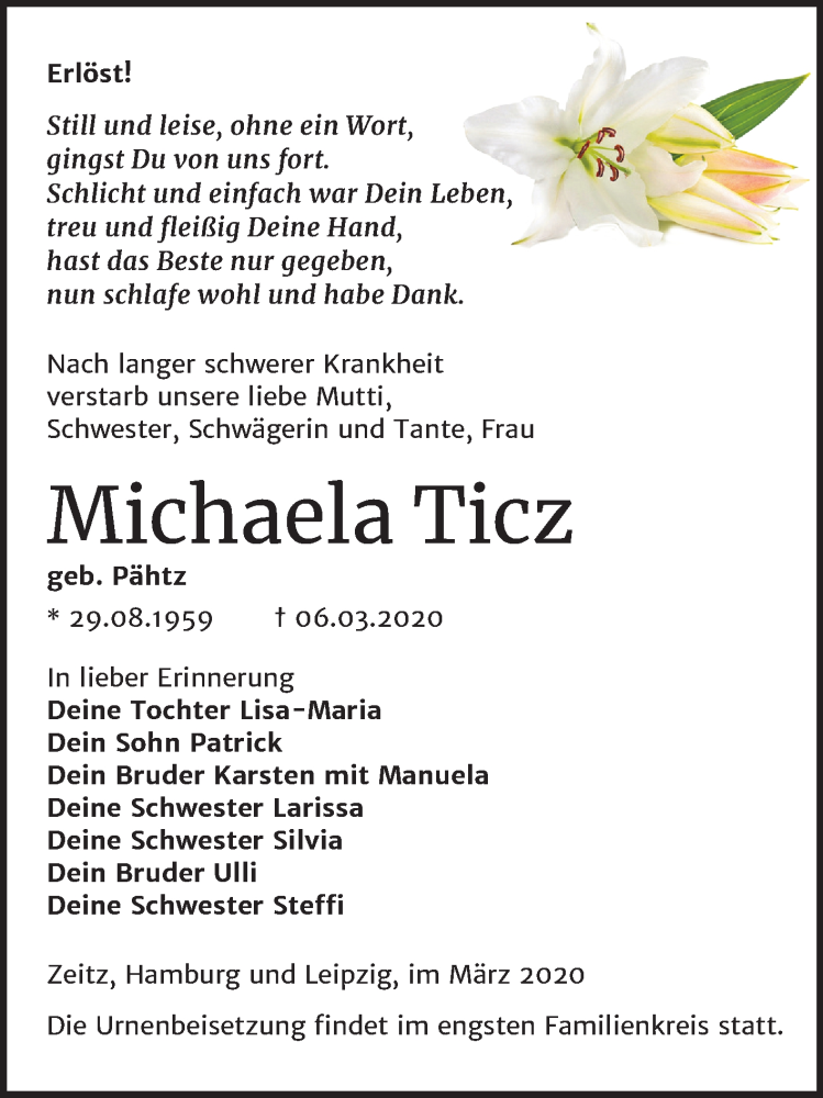 Traueranzeige für Michaela Ticz vom 14.03.2020 aus Super Sonntag Zeitz