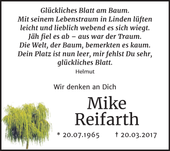 Traueranzeige von Mike Reifarth von Mitteldeutsche Zeitung Halle/Saalkreis