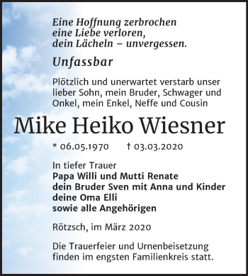 Traueranzeige von Mike Heiko Wiesner von Super Sonntag Wittenberg
