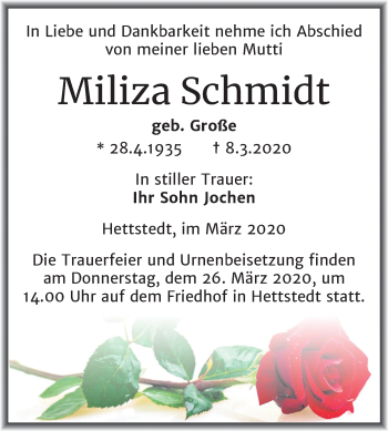 Traueranzeige von Miliza Schmidt von Wochenspiegel Mansfelder Land