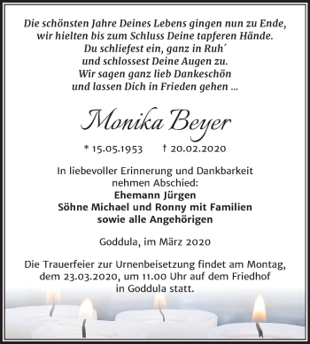 Traueranzeige von Monika Beyer von Super Sonntag Merseburg/Querfurt