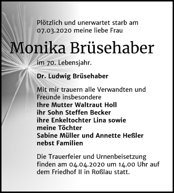 Traueranzeige von Monika Brüsehaber von Mitteldeutsche Zeitung Dessau-Roßlau