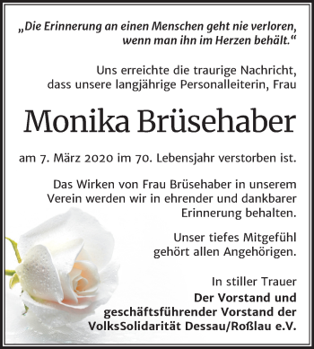 Traueranzeige von Monika Brüsehaber von Mitteldeutsche Zeitung Dessau-Roßlau