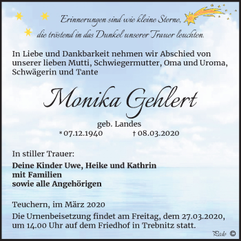 Traueranzeige von Monika Gehlert von Wochenspiegel Weißenfels