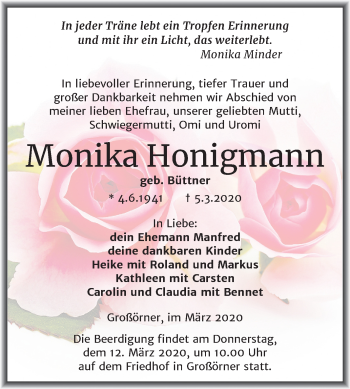 Traueranzeige von Monika Honigmann von Wochenspiegel Mansfelder Land