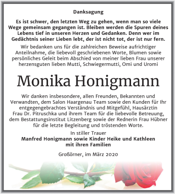 Traueranzeige von Monika Honigmann von Super Sonntag Mansfelder Land
