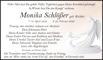 Traueranzeige von Monika Schlößer von Mitteldeutsche Zeitung Quedlinburg
