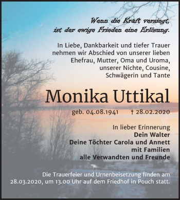 Traueranzeige von Monika Uttikal von Mitteldeutsche Zeitung Bitterfeld