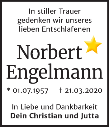 Traueranzeige von Norbert Engelmann von Super Sonntag Wittenberg