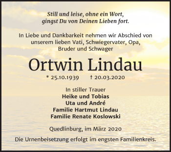 Traueranzeige von Ortwin Lindau von Super Sonntag Quedlinburg