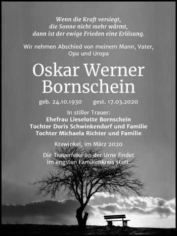 Traueranzeige von Oskar Werner Bornschein von Mitteldeutsche Zeitung Naumburg/Nebra