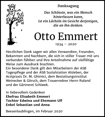 Traueranzeige von Otto Emmert von Mitteldeutsche Zeitung Bernburg