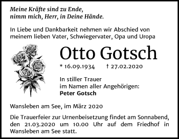 Traueranzeige von Otto Gotsch von Mitteldeutsche Zeitung Mansfelder Land