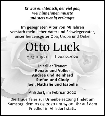 Traueranzeige von Otto Luck von Wochenspiegel Mansfelder Land