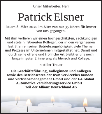 Traueranzeige von Patrick Elsner von Mitteldeutsche Zeitung Halle/Saalkreis / Weißenfels