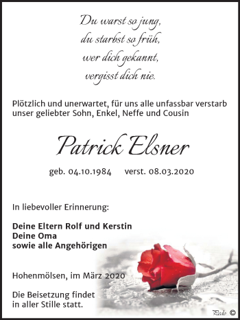 Traueranzeige von Patrick Elsner von Super Sonntag Weißenfels