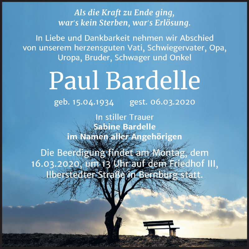 Traueranzeige für Paul Bardelle vom 11.03.2020 aus Mitteldeutsche Zeitung Bernburg