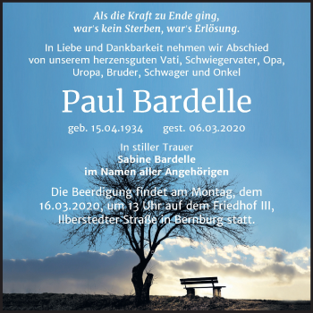 Traueranzeige von Paul Bardelle von Super Sonntag Bernburg