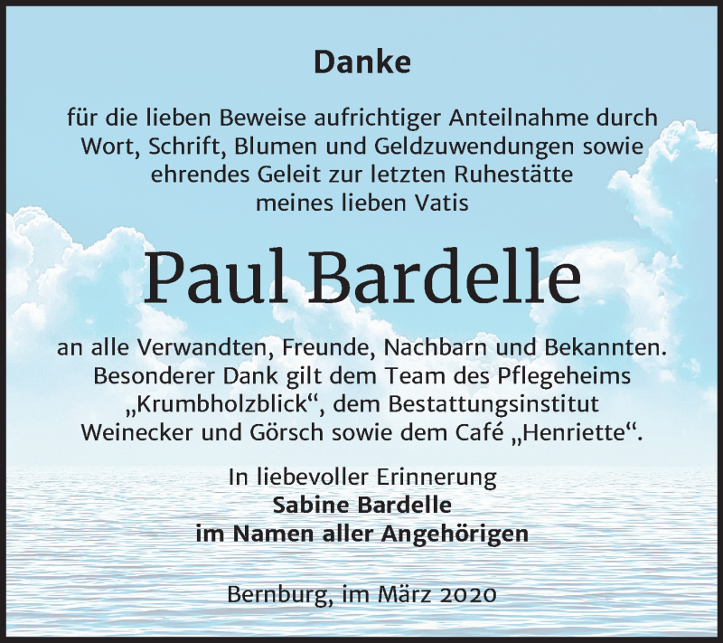  Traueranzeige für Paul Bardelle vom 28.03.2020 aus Mitteldeutsche Zeitung Bernburg