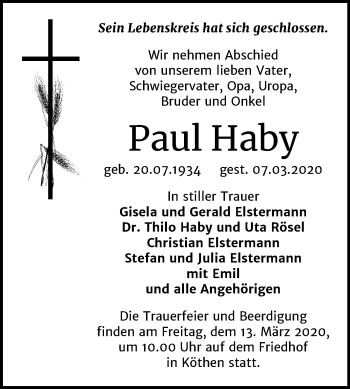 Traueranzeige von Paul Haby von Mitteldeutsche Zeitung Köthen
