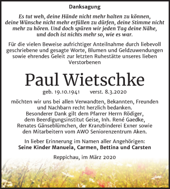 Traueranzeige von Paul Wietschke von Mitteldeutsche Zeitung Köthen
