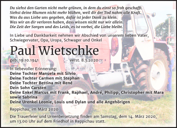 Traueranzeige von Paul Wietschke von Mitteldeutsche Zeitung Köthen