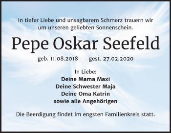 Traueranzeige von Pepe Oskar Seefeld von Super Sonntag Dessau-Roßlau